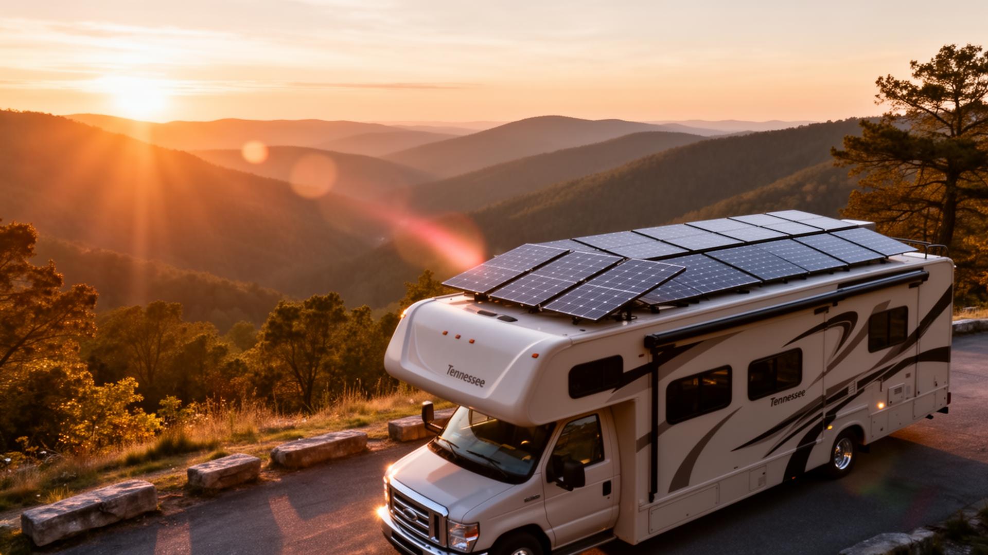 RV with solar panels at a Tennessee mountain overlook at sunset